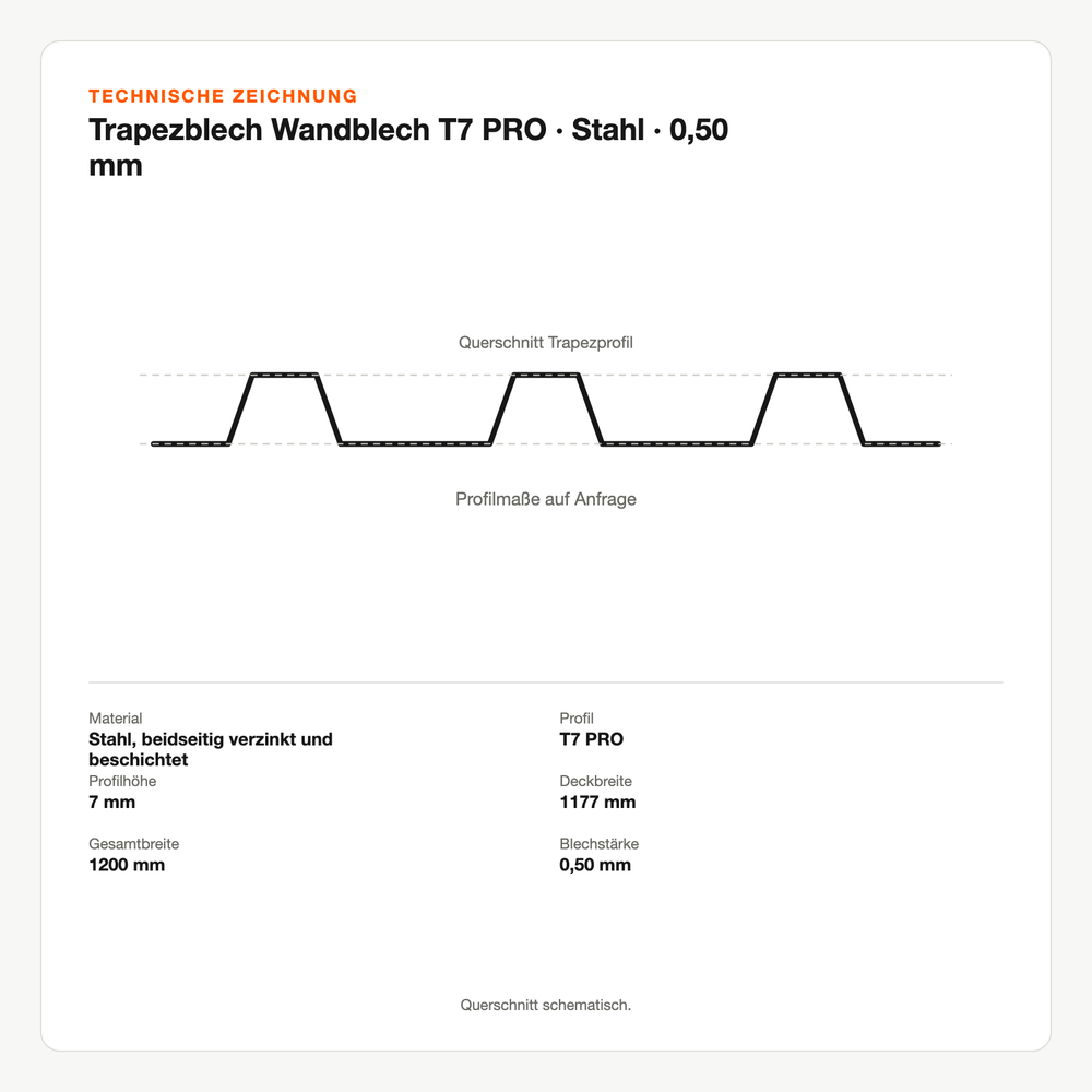 Technische Zeichnung: Trapezblech Wandblech T7 PRO | Stahl | 0,50 mm