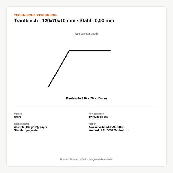 Technische Zeichnung: Traufblech | 120x70x10 mm | Stahl | 0,50 mm