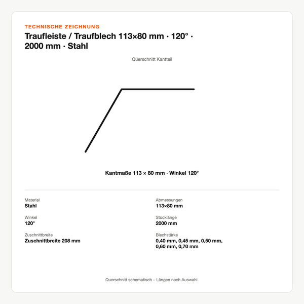 Technische Zeichnung: Traufleiste / Traufblech 113×80 mm | 120° | 2000 mm | Stahl