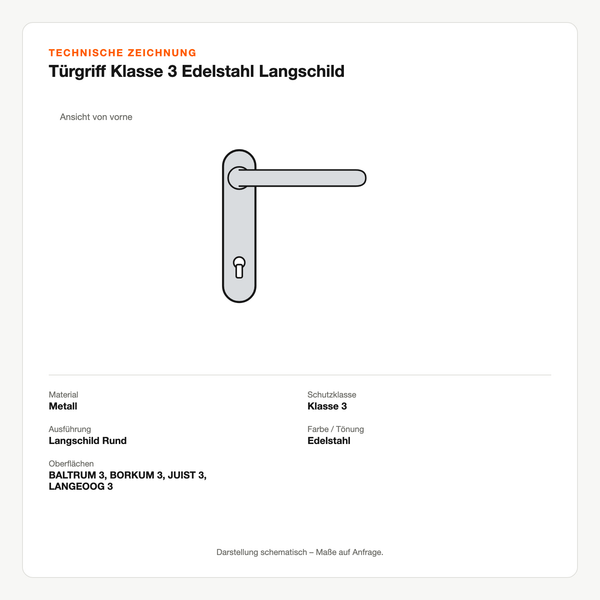 Technische Zeichnung: Türgriff Klasse 3 Edelstahl Langschild