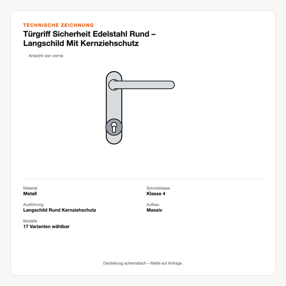 Technische Zeichnung: Türgriff Sicherheit Edelstahl Rund – Langschild Mit Kernziehschutz