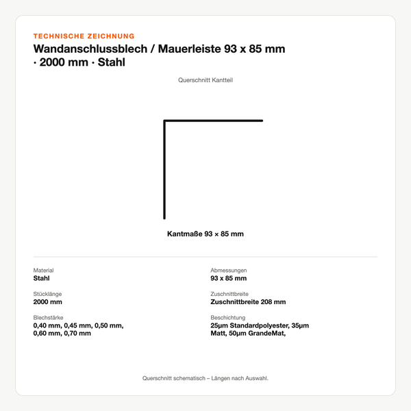 Technische Zeichnung: Wandanschlussblech / Mauerleiste 93 x 85 mm | 2000 mm | Stahl