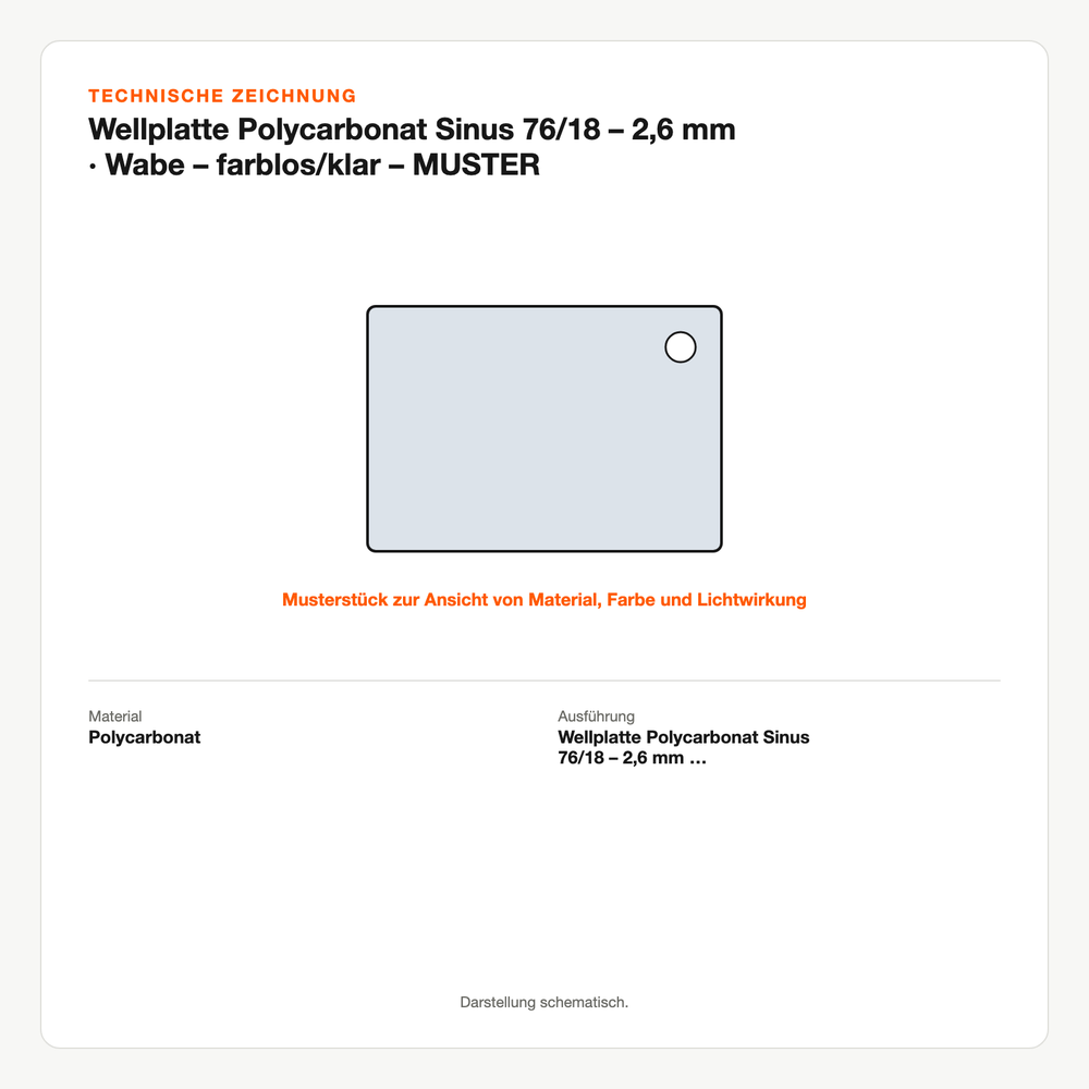 Technische Zeichnung: Wellplatte Polycarbonat Sinus 76/18 – 2,6 mm | Wabe – farblos/klar – MUSTER
