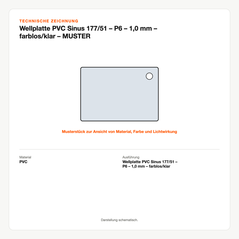 Technische Zeichnung: Wellplatte PVC Sinus 177/51 – P6 – 1,0 mm – farblos/klar – MUSTER