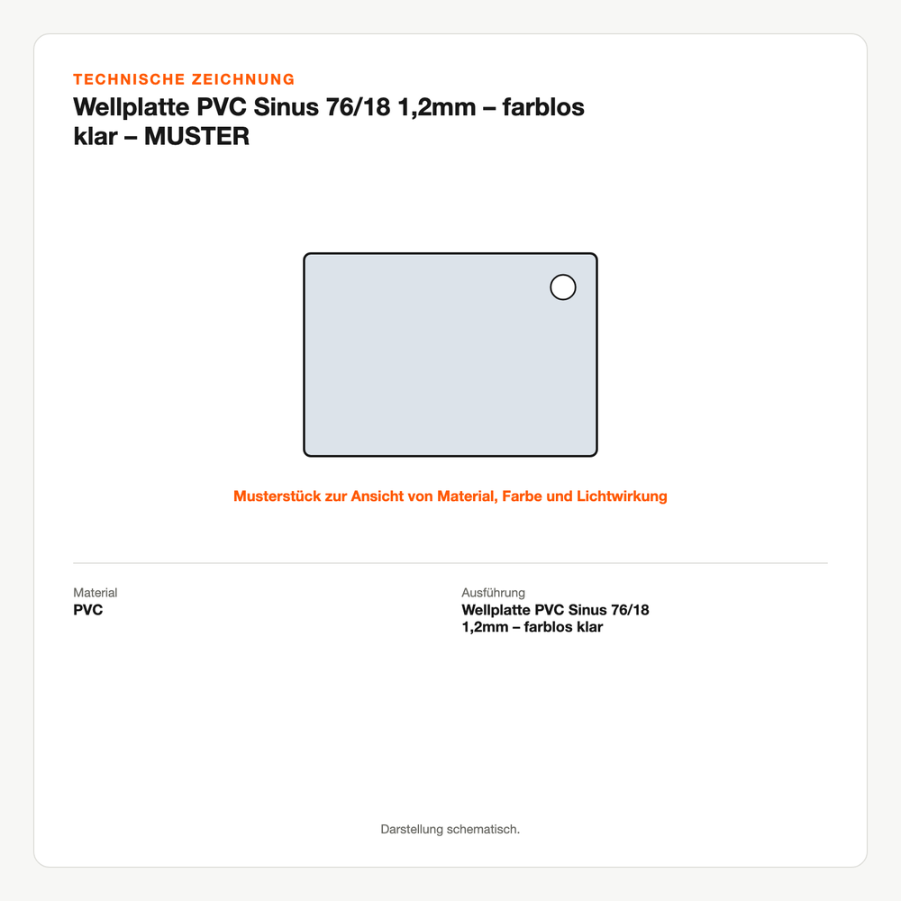 Technische Zeichnung: Wellplatte PVC Sinus 76/18 1,2mm – farblos klar – MUSTER
