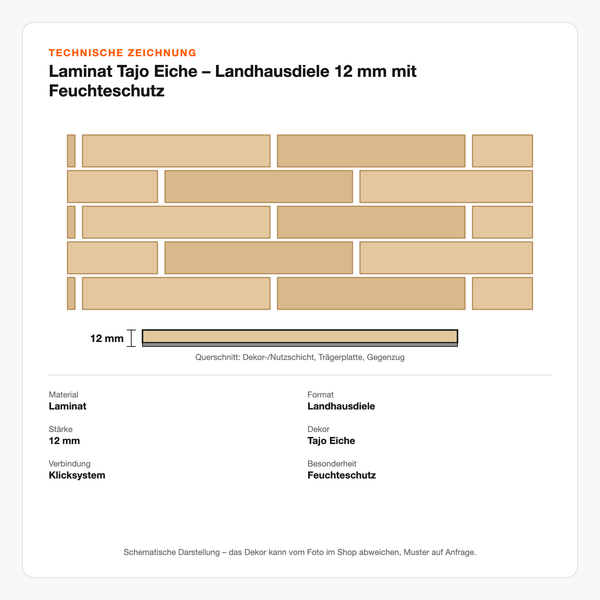 Technische Zeichnung: Laminat Tajo Eiche – Landhausdiele 12 mm mit Feuchteschutz