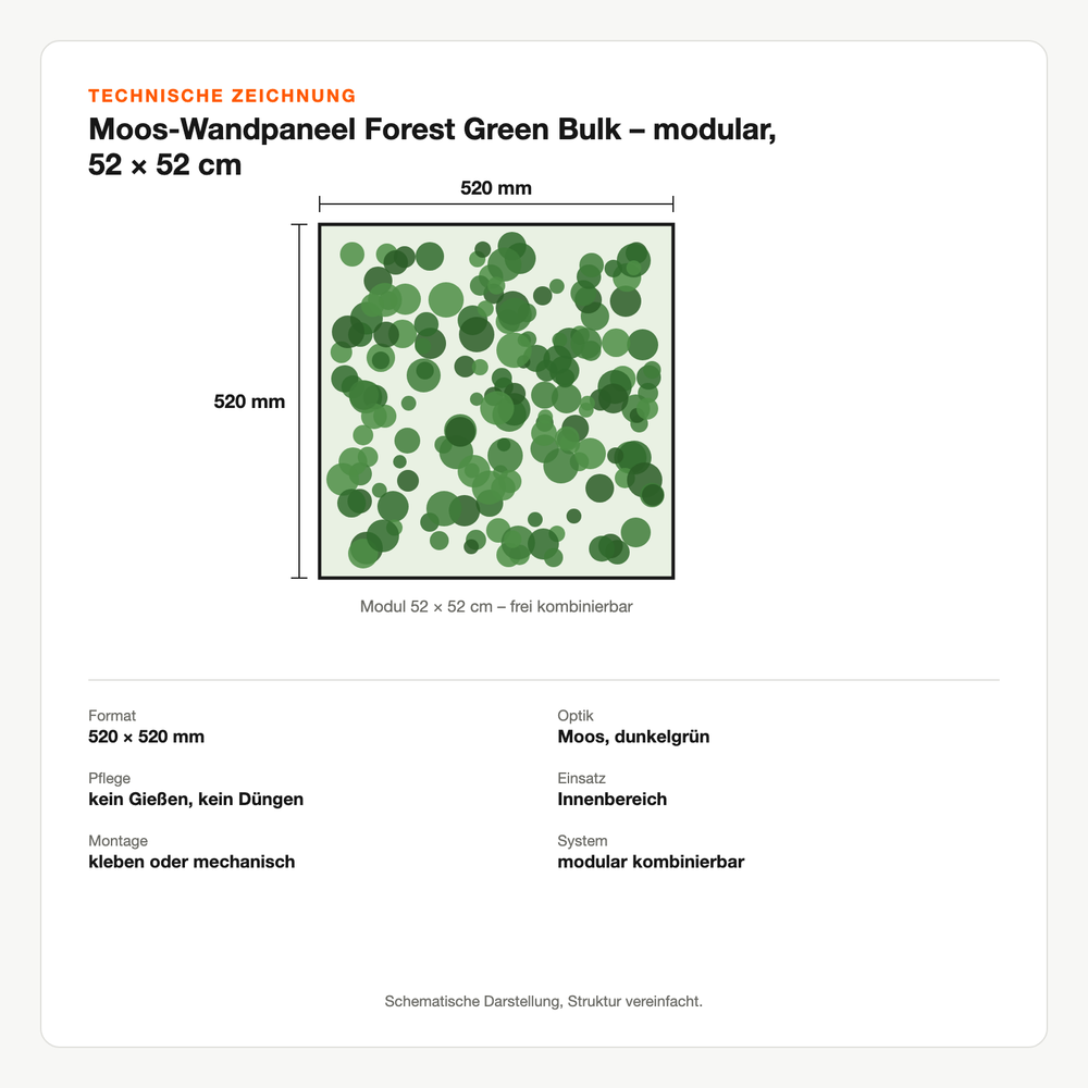 Technische Zeichnung: Moos-Wandpaneel Forest Green Bulk – modular, 52 × 52 cm